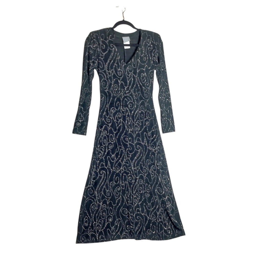 Rabbit Rabbit Rabbit Designs Black Silver Glitter Swirl V-Neck Midi Dress 6M USA
